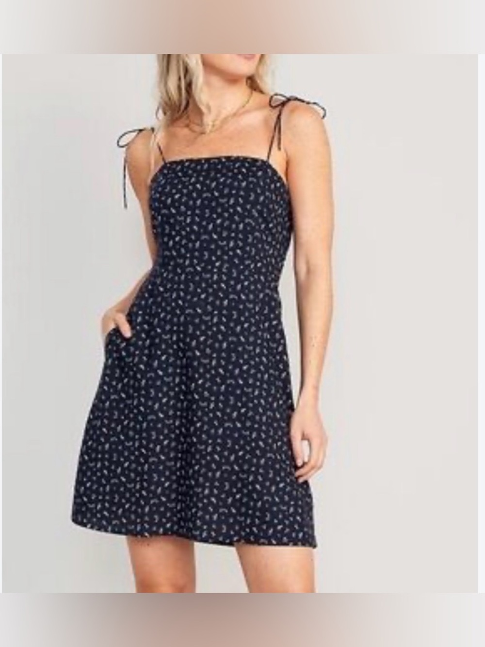 Old Navy Navy Mini Dress with Tiny White Floral Print and Tie Straps